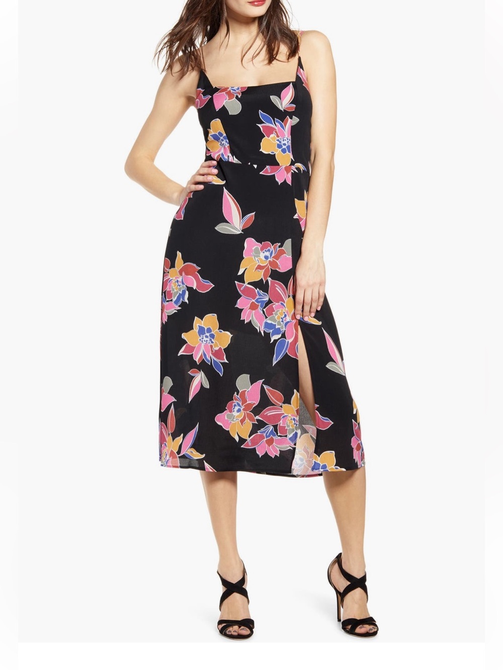 NWT Black Floral Midi Slip Dress with Pink & Orange Blooms